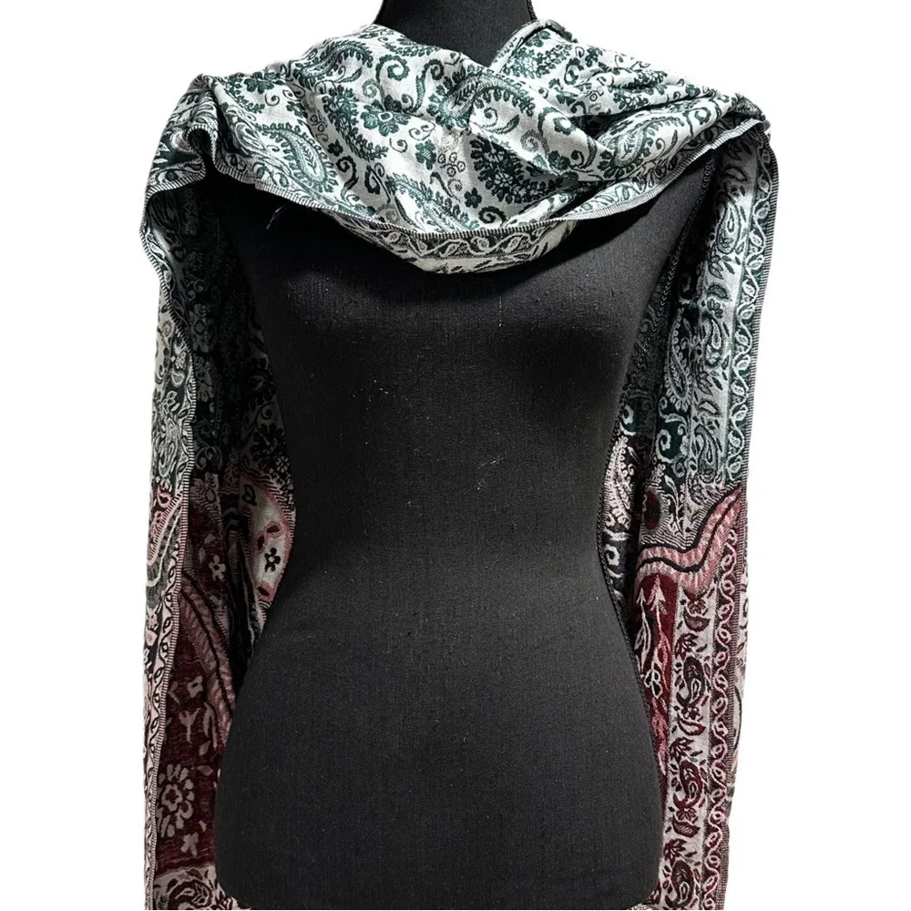 Elegant Shawl in Green & Red Paisley -Versatile Wrap, Scarf, or Veil, Soft Rayon